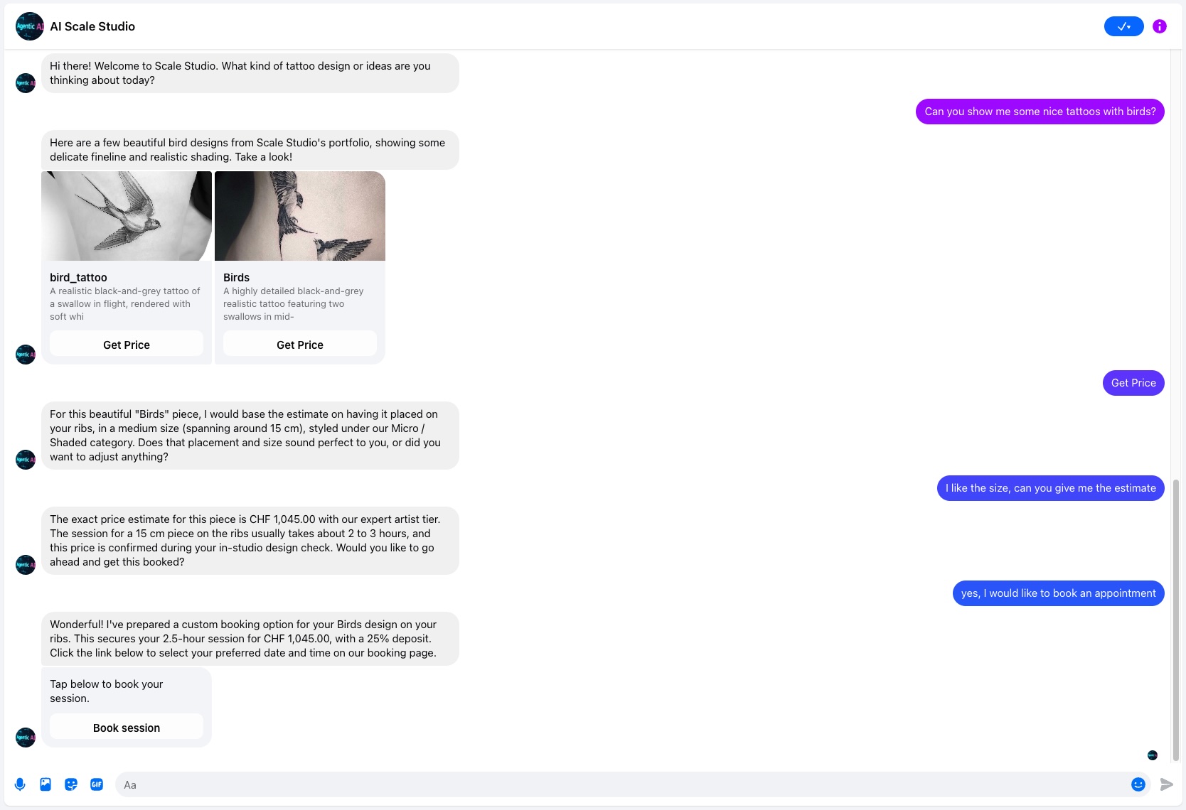 InkConcierge chat — a client asks for bird tattoos, gets portfolio suggestions, a price estimate, and books a session