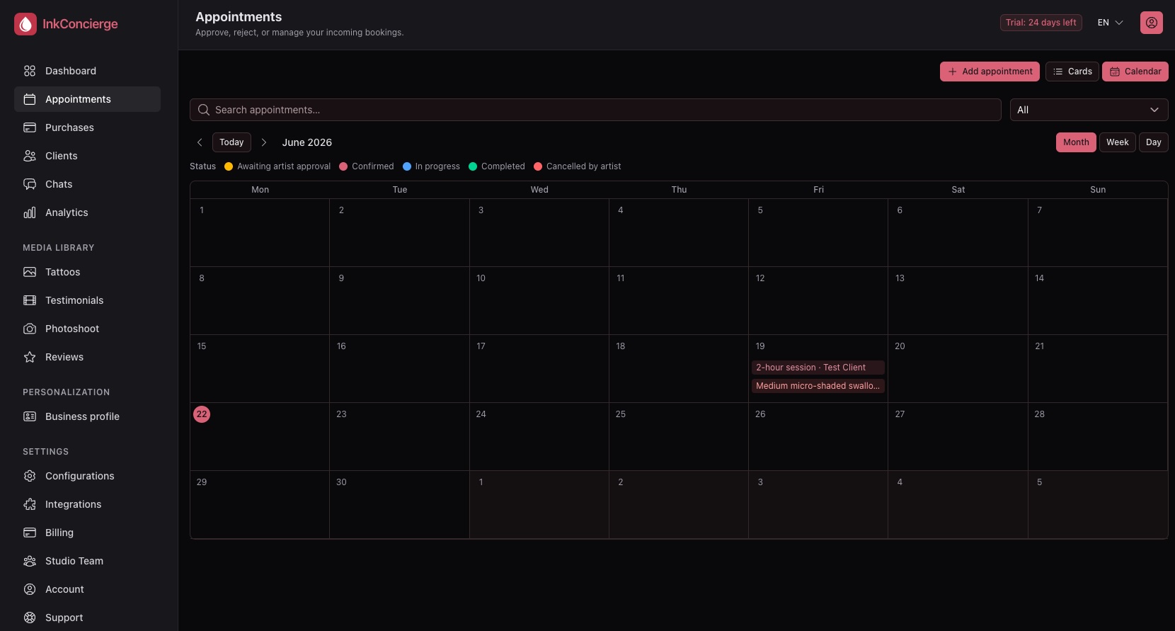 InkConcierge app — the artist's appointments calendar with bookings